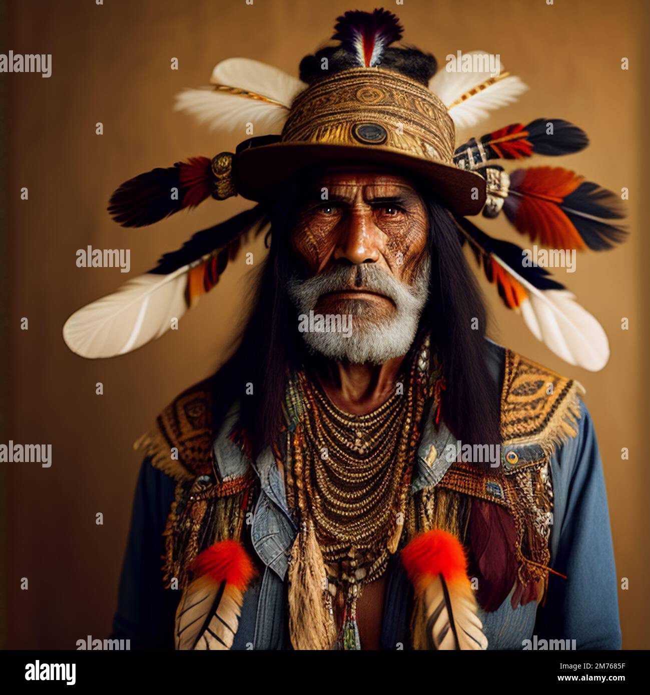 Modern Native American Chief elder with hat and colorful feathers