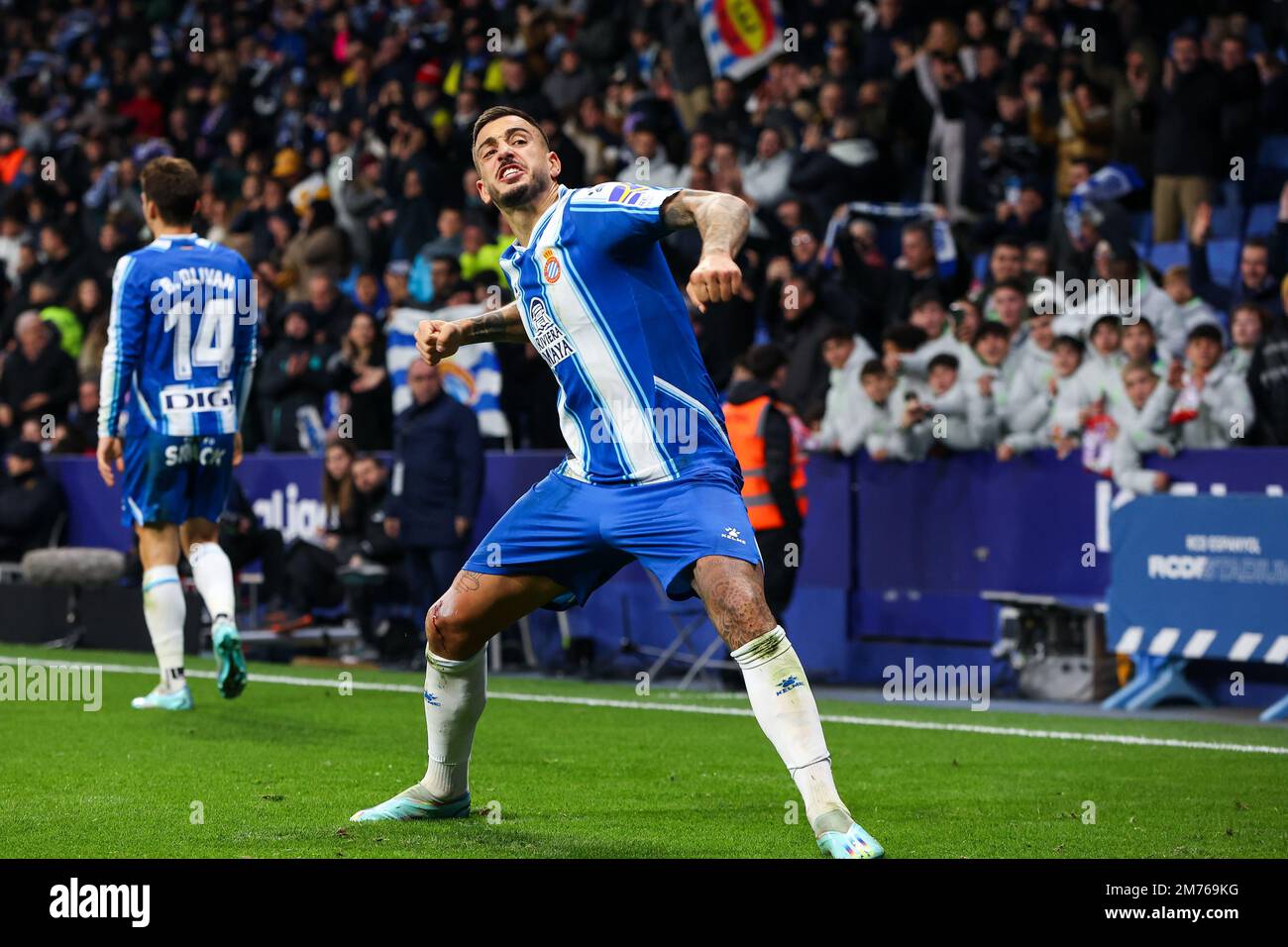 Joselu of RCD Espanyol celebrate a goal during the Liga match
