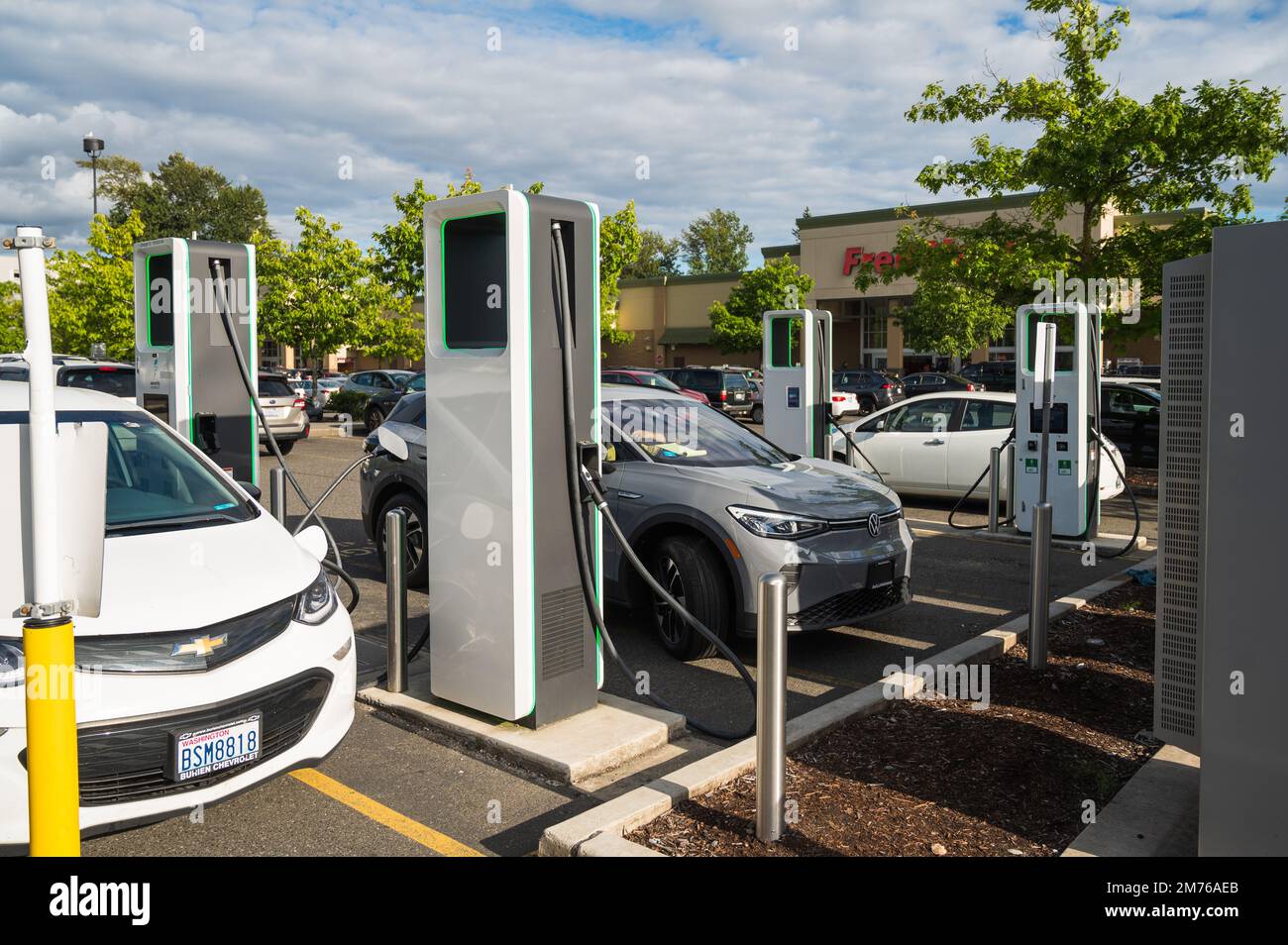 Electric car charging stations in front of a Fred Meyer store.  Bellingham WA, USA. Stock Photo