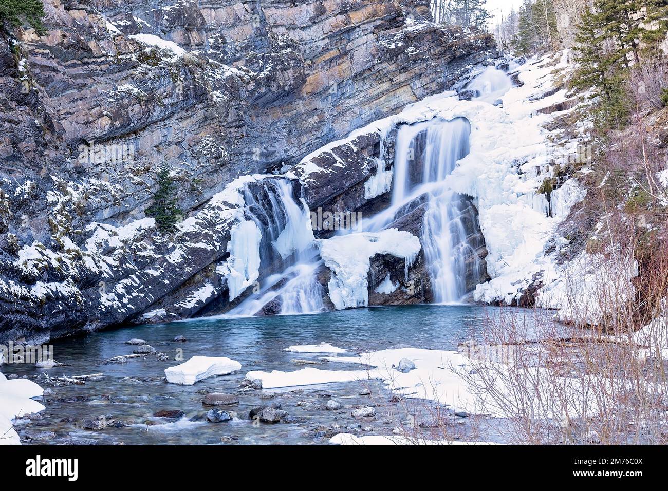Waterton Mountain Lake. Beautiful winter mountain waterfall with open