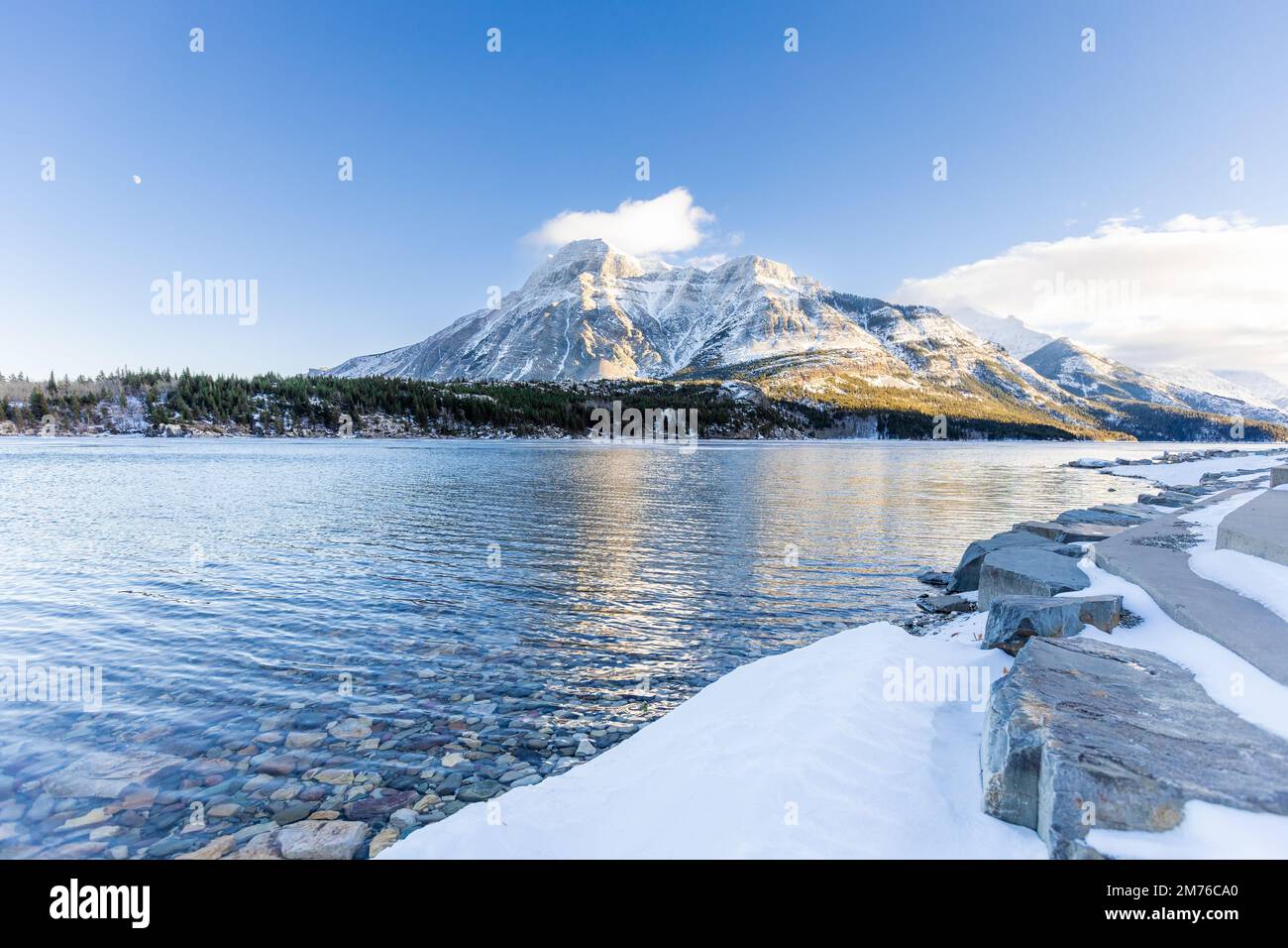 Waterton Mountain Lake. Beautiful winter mountain with open water. Mild