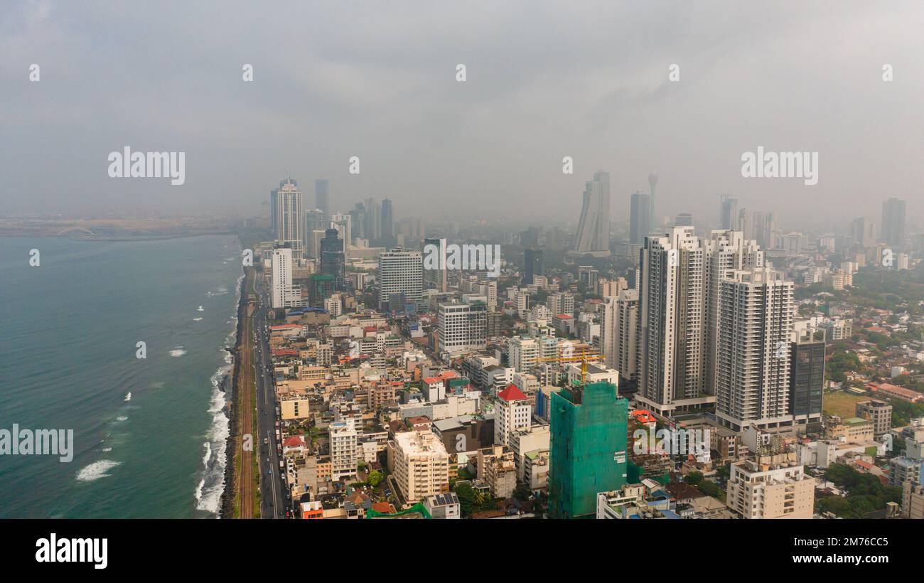 Aerial view of streets and railway on the coast of the city of Colombo ...