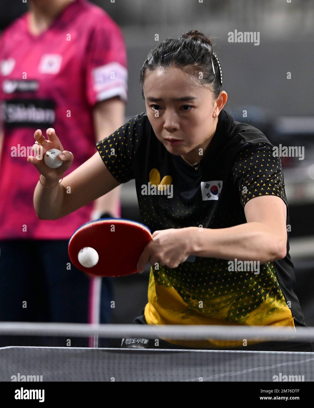 Doha, Qatar. 7th Jan, 2023. Jeon Jihee of South Korea participates in a training session for
