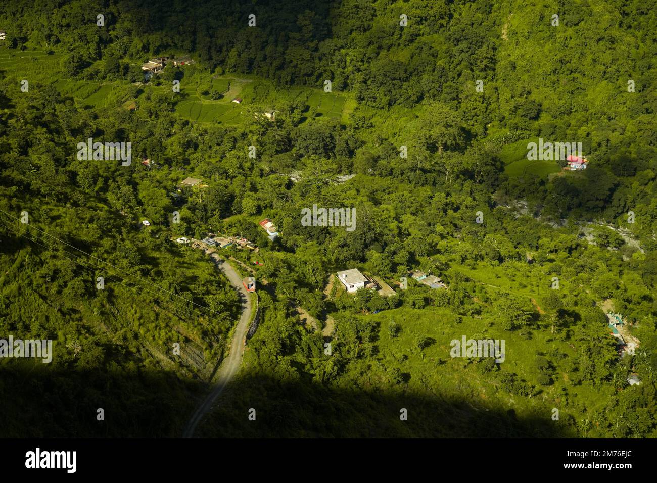 An aerial view of a road and forest landscape in the countryside Stock ...