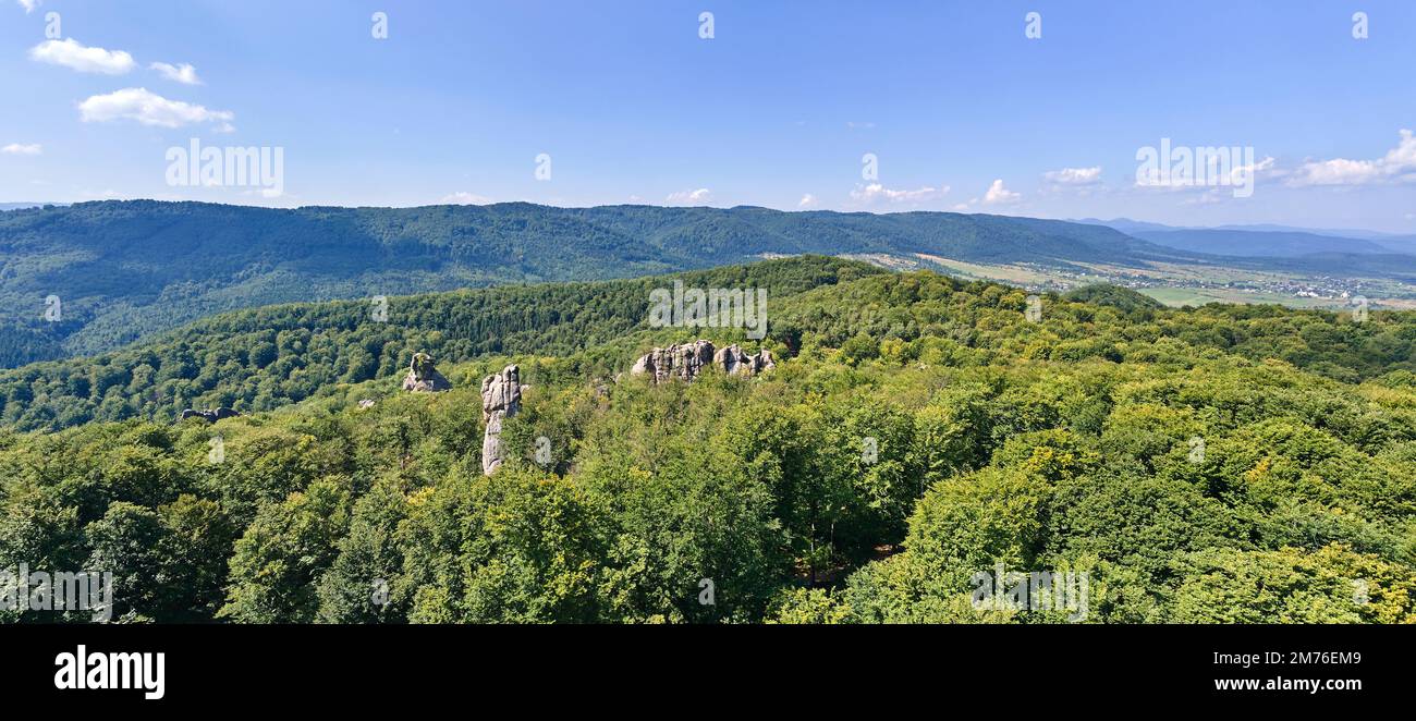 Panoramic view of bright landscape with green forest trees and big rocky boulders between dense woods in summer. Beautiful scenery of wild woodland Stock Photo