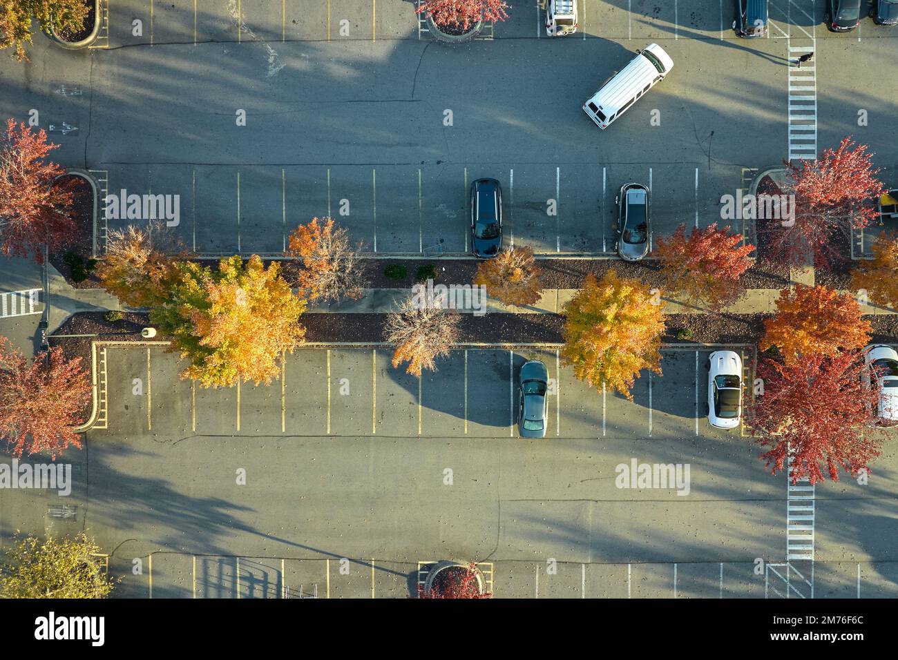 View from above of many parked cars on parking lot with lines and