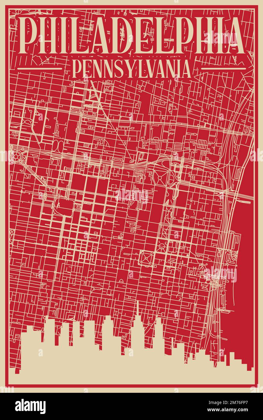 Red hand-drawn framed poster of the downtown PHILADELPHIA, PENNSYLVANIA with highlighted vintage city skyline and lettering Stock Vector