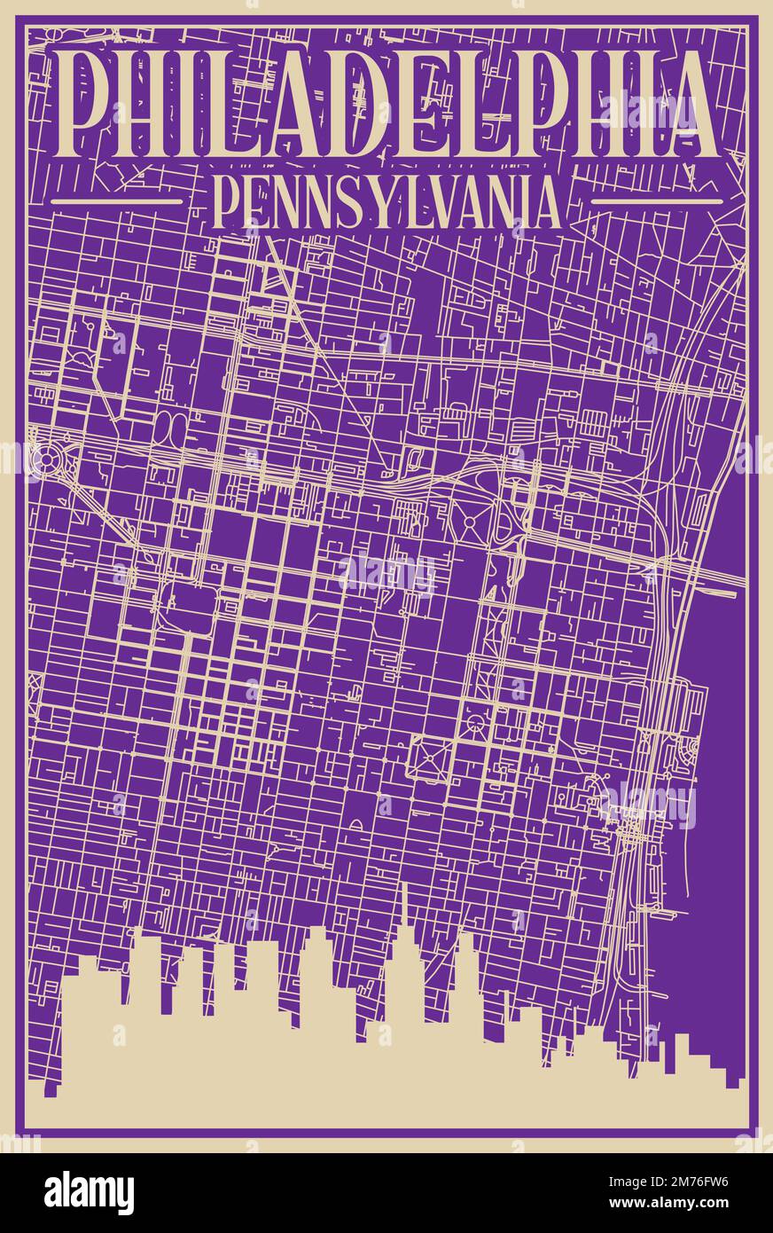 Purple hand-drawn framed poster of the downtown PHILADELPHIA, PENNSYLVANIA with highlighted vintage city skyline and lettering Stock Vector