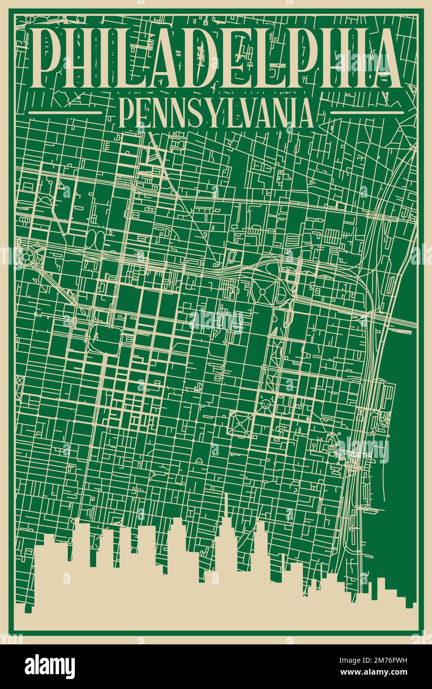 Green hand-drawn framed poster of the downtown PHILADELPHIA, PENNSYLVANIA with highlighted vintage city skyline and lettering Stock Vector