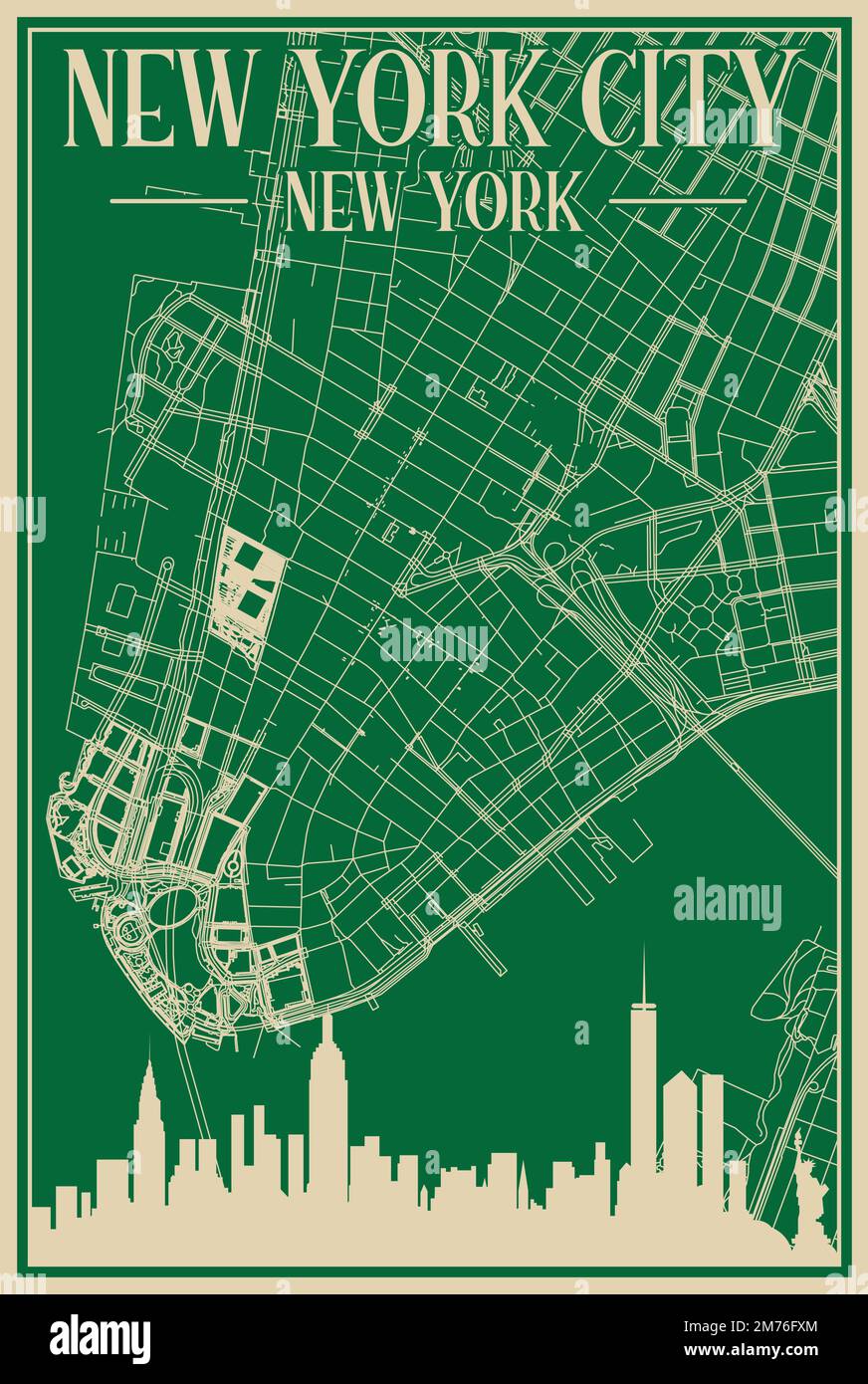 Green handdrawn framed poster of the downtown NEW YORK CITY, NEW YORK