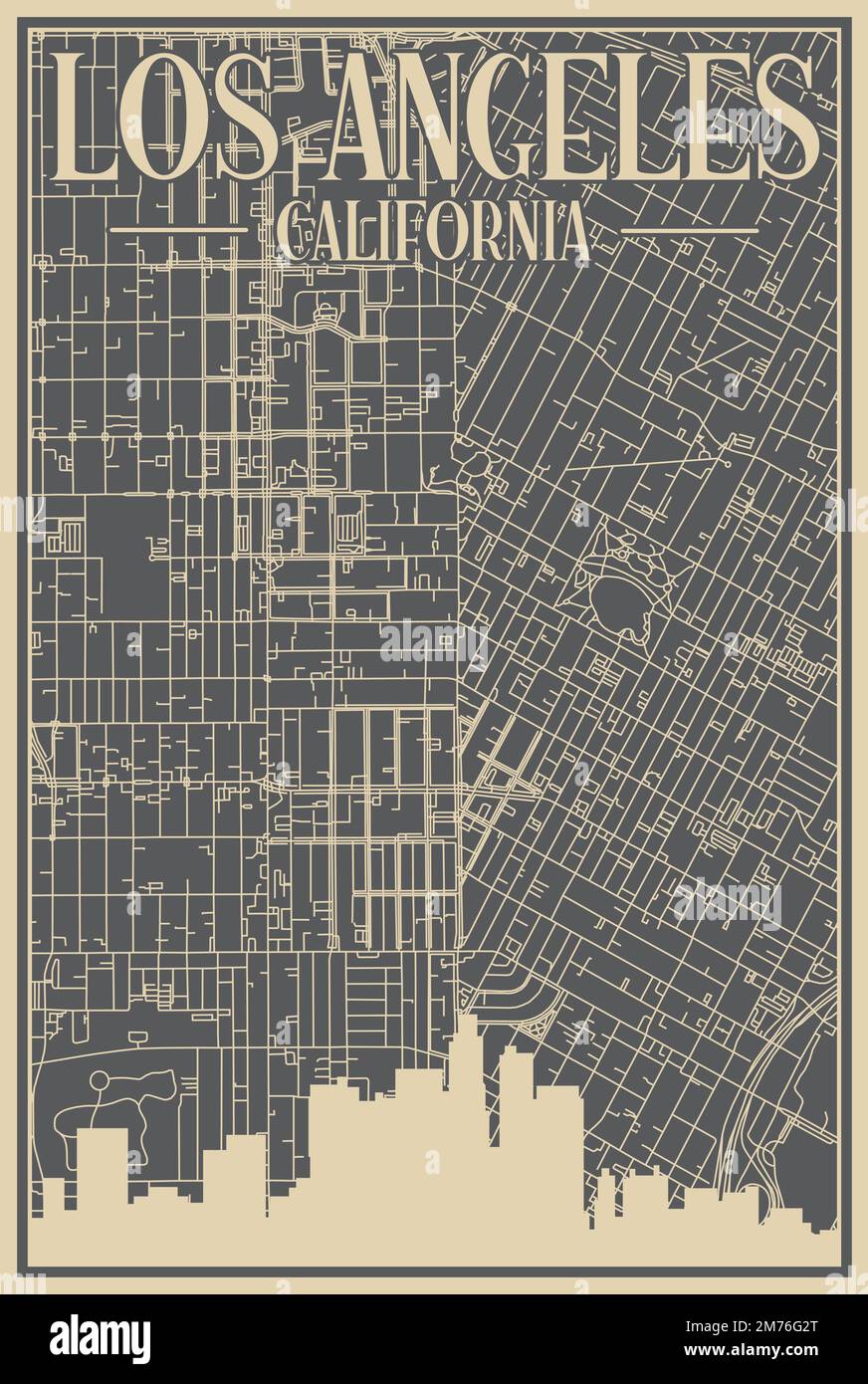 Grey handdrawn framed poster of the downtown LOS ANGELES, CALIFORNIA