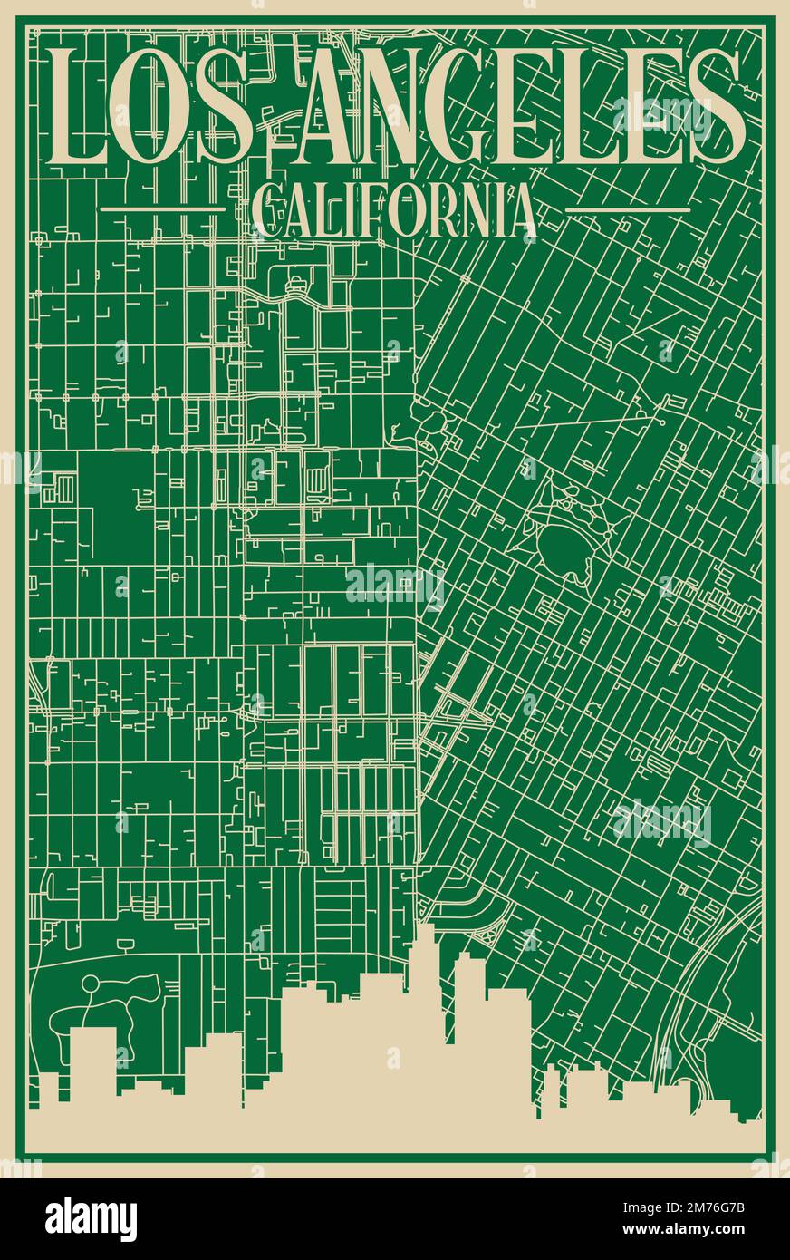 Green handdrawn framed poster of the downtown LOS ANGELES, CALIFORNIA