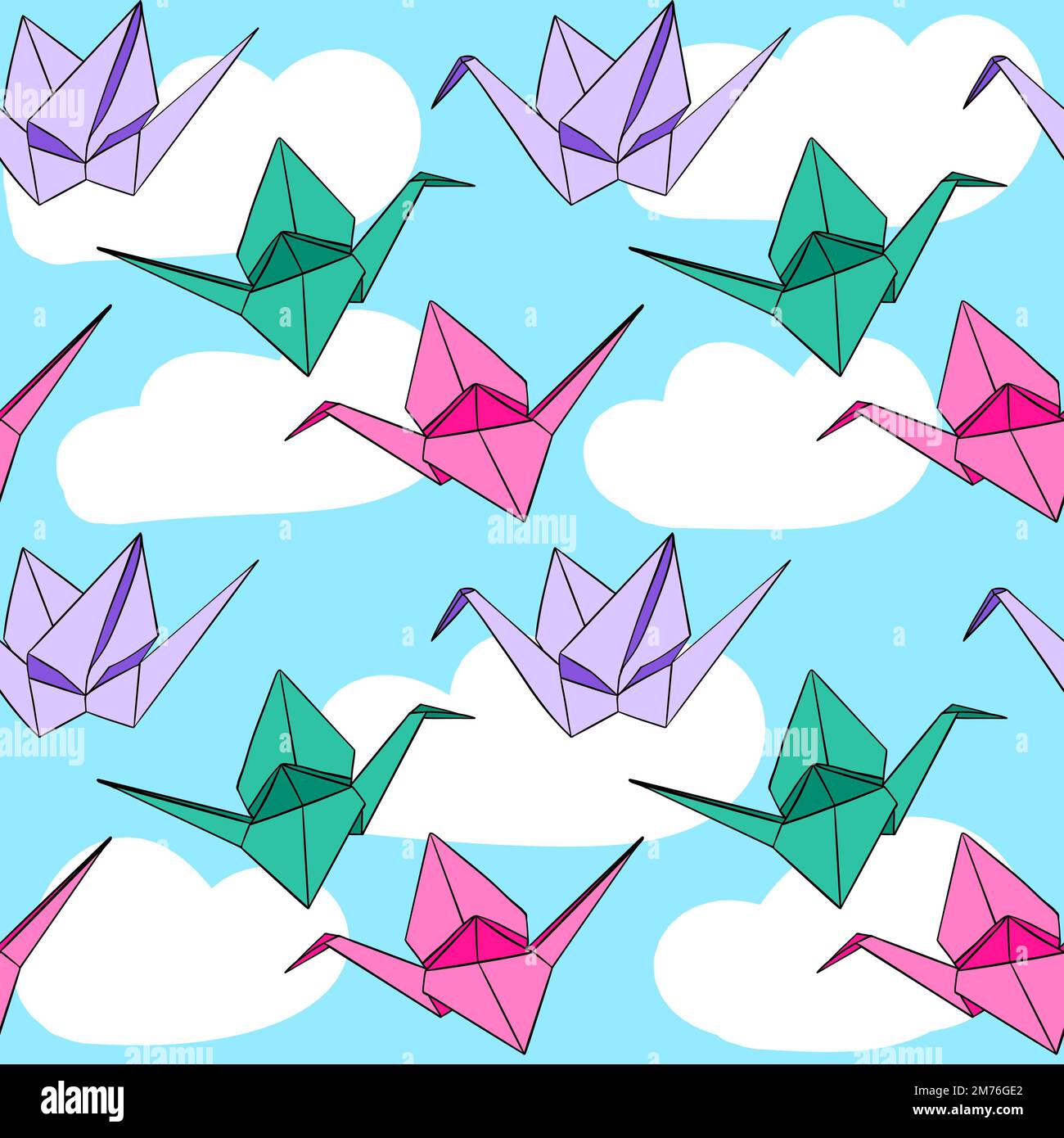 Hand drawn seamless pattern with japanese origami paper crames birds on