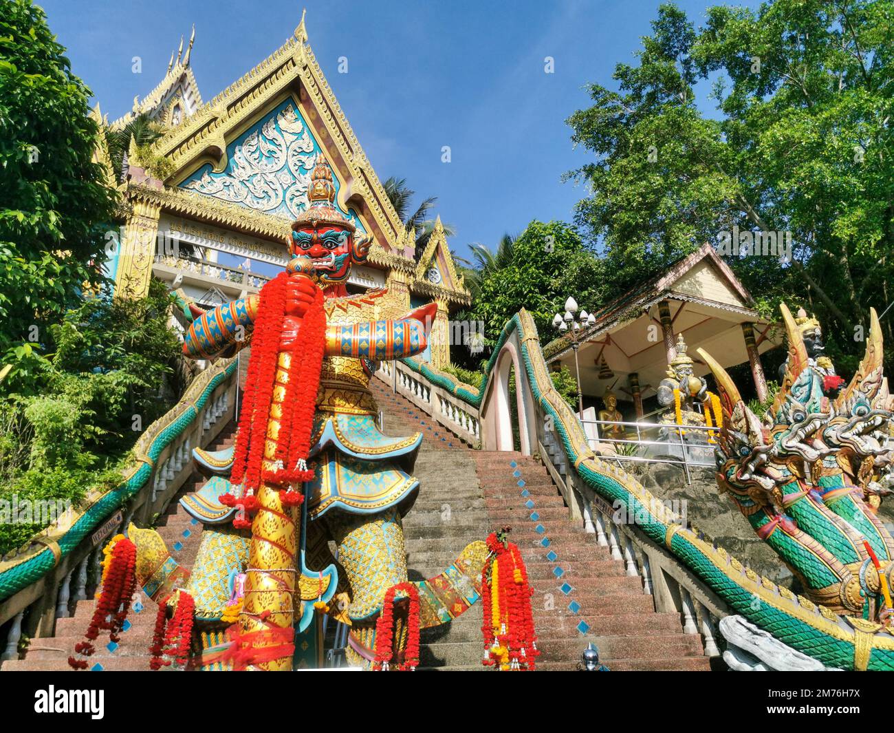 Entrance to Wat Khao Rang a buddhist Thai temple on the island of Phuket, Thailand. Stock Photo