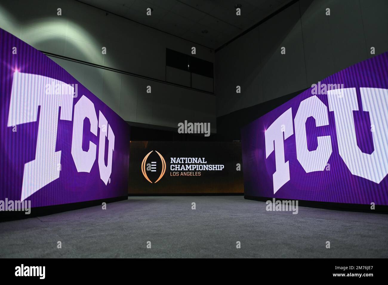 TCU logos during National Championship Media Day on Saturday, Jan. 7