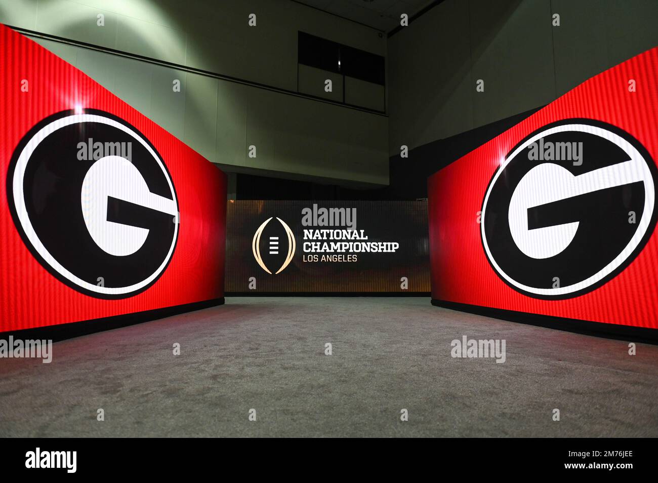 Bulldogs logos during National Championship Media Day on