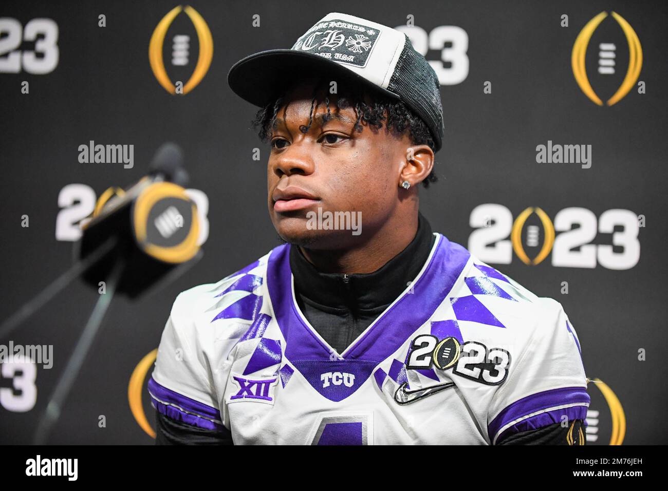 TCU Horned Frogs cornerback Tre'Vius Hodges-Tomlinson (1) during National Championship Media Day on Saturday, Jan. 7, 2023 in Los Angeles. (Dylan Stew Stock Photo