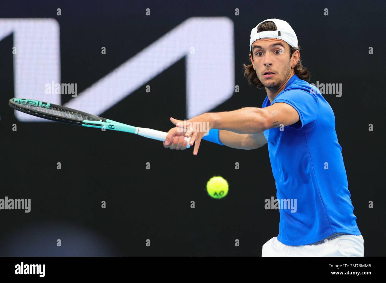Sydney, Australia. 08th Jan, 2023. Lorenzo Musetti of Italy plays a