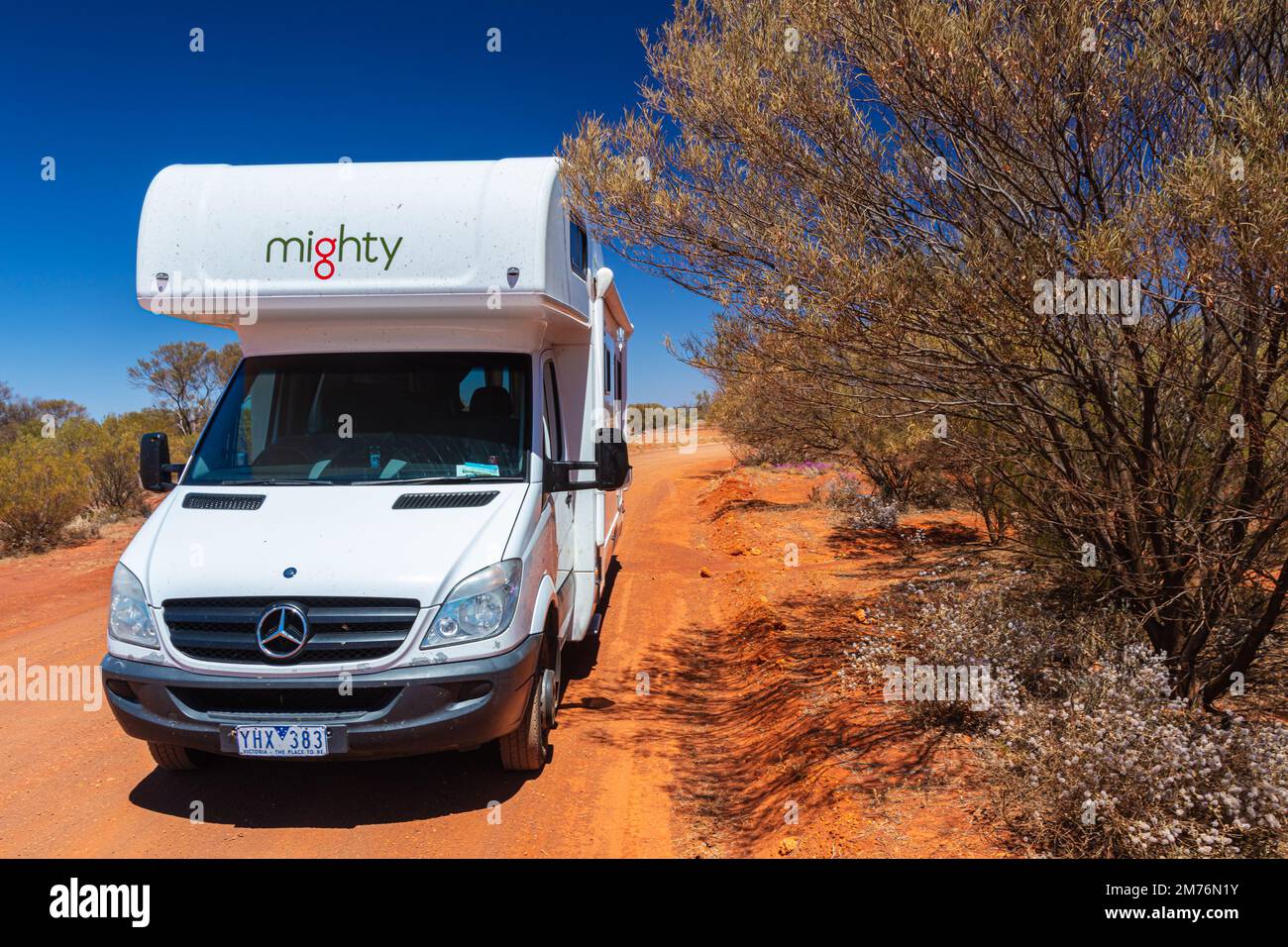 Outback, Australia November 12, 2022 Motorhome camper van on road trip. People on travel