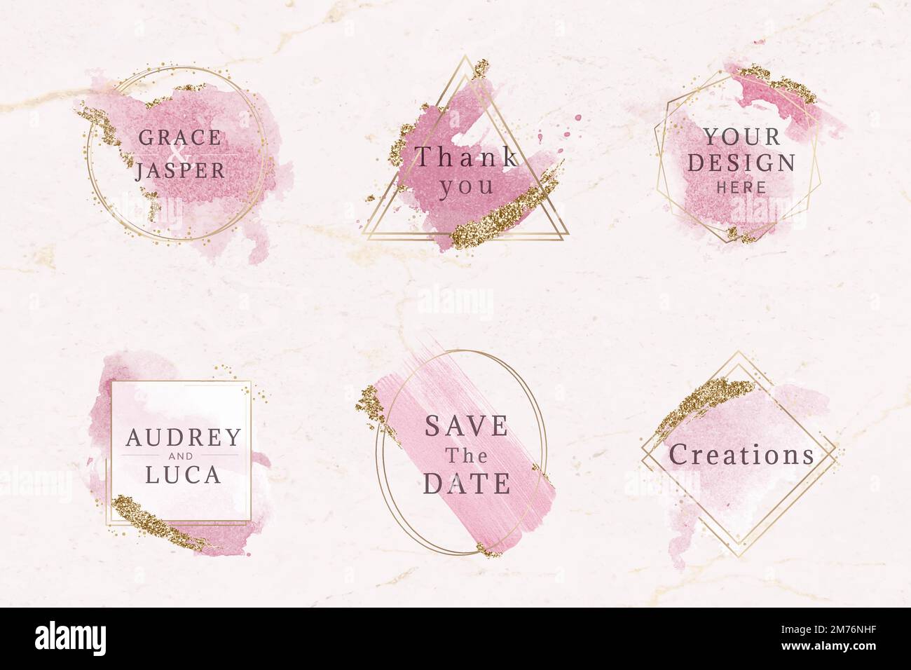 Gold frames on pink watercolor background vector collection Stock ...