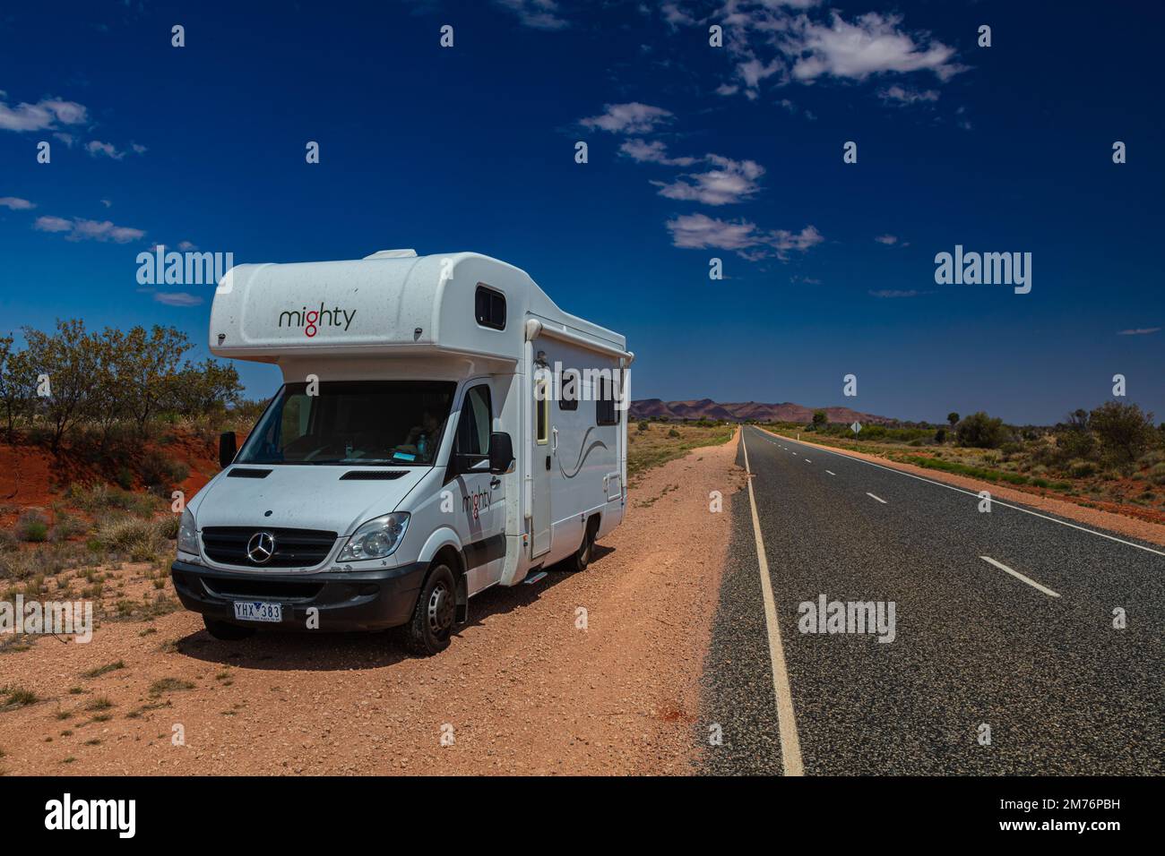 Outback, Australia November 12, 2022 Motorhome camper van on road trip. People on travel