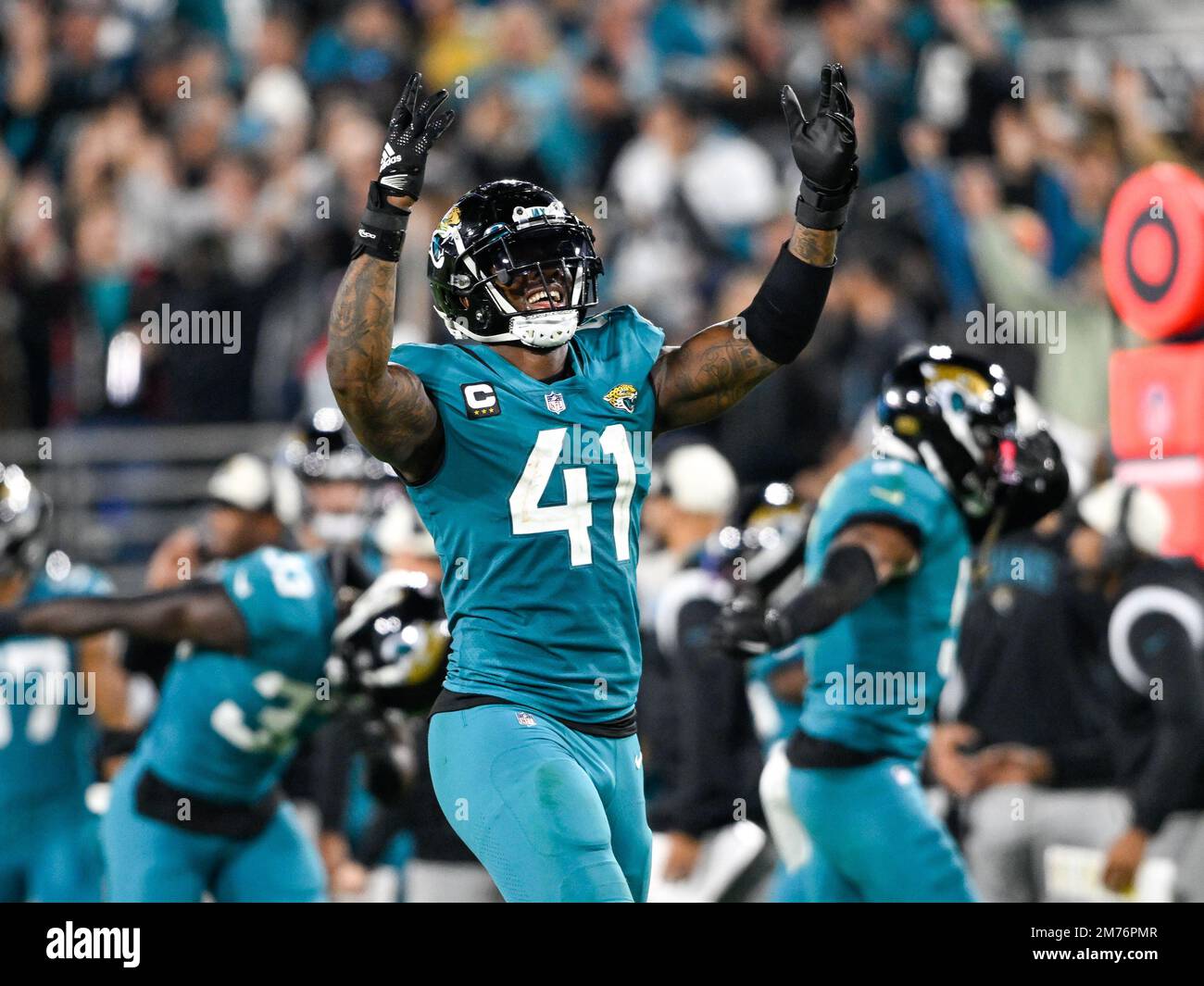 Jacksonville, FL, USA. 7th Jan, 2023. Jacksonville Jaguars linebacker Josh Allen (41) reacts after the Jacksonville Jaguars defeated the Tennessee Titans 20-16 to win the AFC South Division in Jacksonville, FL. Romeo T Guzman/CSM/Alamy Live News Stock Photo