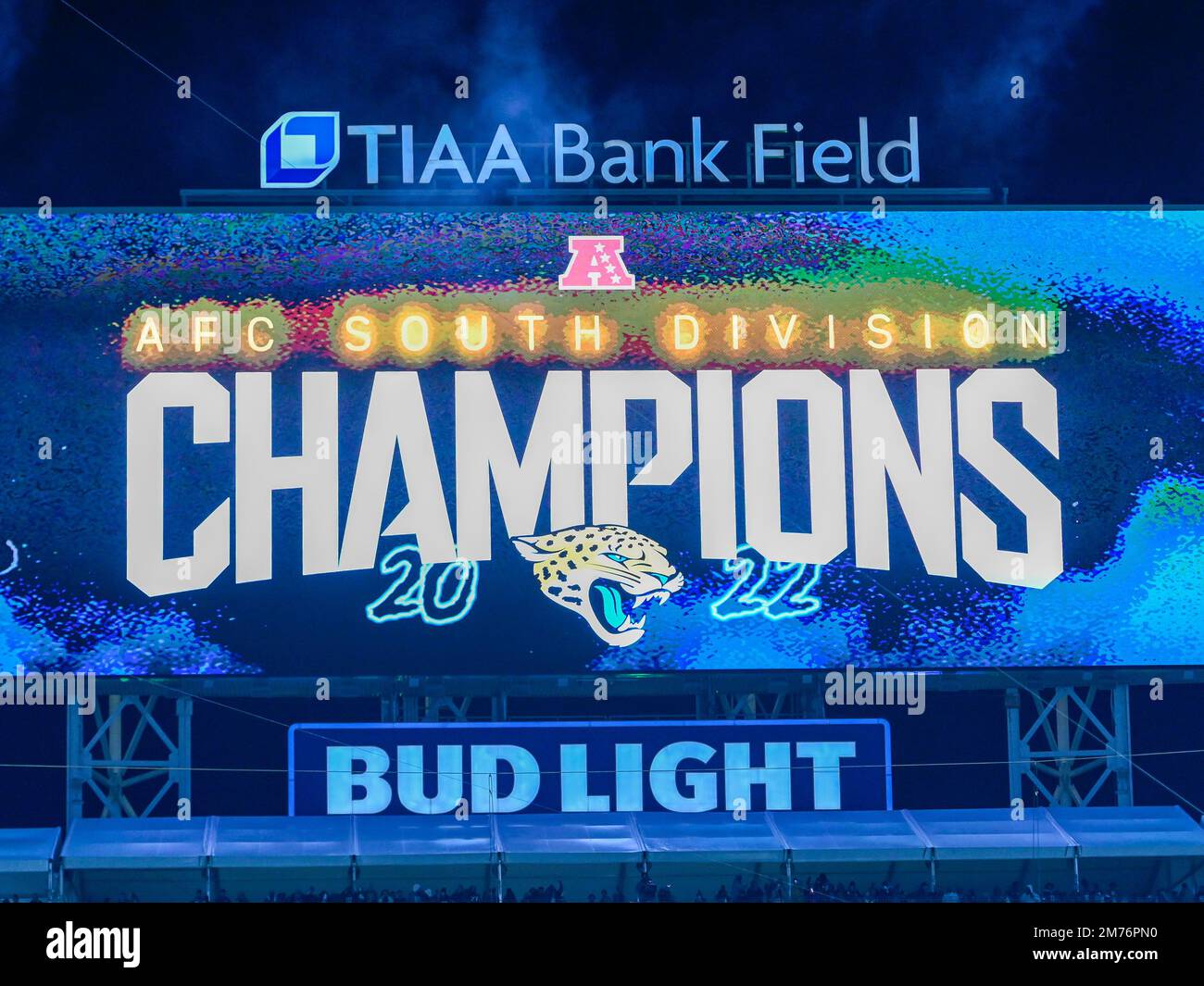 Jacksonville, FL, USA. 7th Jan, 2023. The big screen display at TIAA Field after Jacksonville Jaguars defeated the Tennessee Titans 20-16 to win the AFC South Division in Jacksonville, FL. Romeo T Guzman/CSM/Alamy Live News Stock Photo