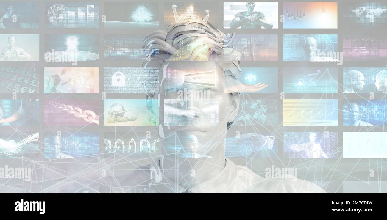 Interactive Experience with Man Using Holographic User Interface Stock