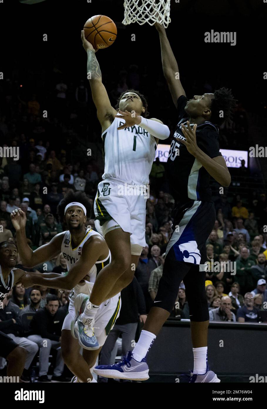 Waco, Texas, USA. 7th Jan, 2023. Baylor Bears guard Keyonte George (1) shoots the ball against Kansas State Wildcats forward Nae'Qwan Tomlin (35) during the 2nd half of the NCAA Basketball game between the Kansas State Wildcats and Baylor Bears at Ferrell Center in Waco, Texas. Matthew Lynch/CSM/Alamy Live News Stock Photo
