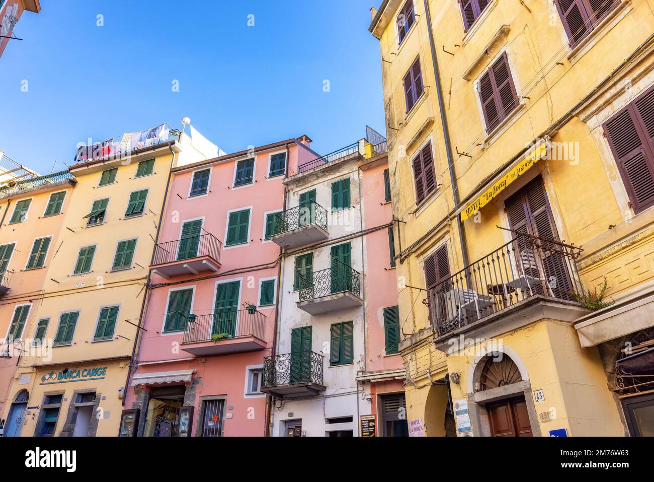 Colorful apartment homes in Riomaggiore, Italy. Cinque Terre Stock