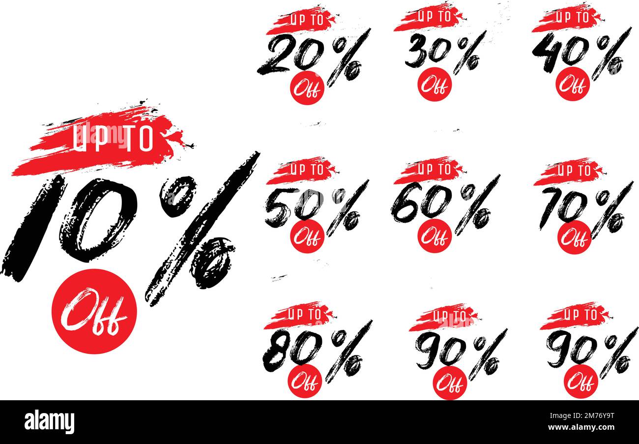 Sale Discount Tags Vector Badges Set Template, 10 off, 20 %, 90, 80, 30, 40, 50, 60, 70, 75, 25, 35, Percent Sale Label Symbols With Brush Stroke Back Stock Vector
