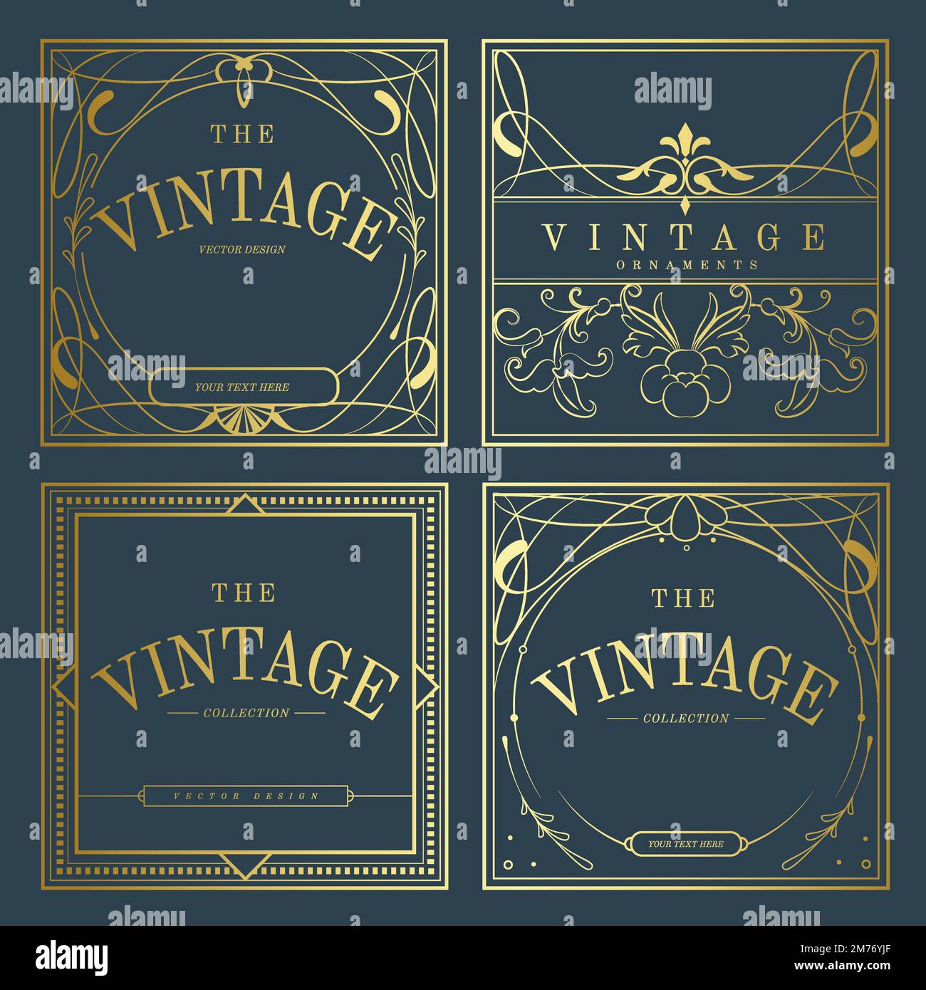 Set of vintage golden art nouveau badges on blue vector Stock Vector
