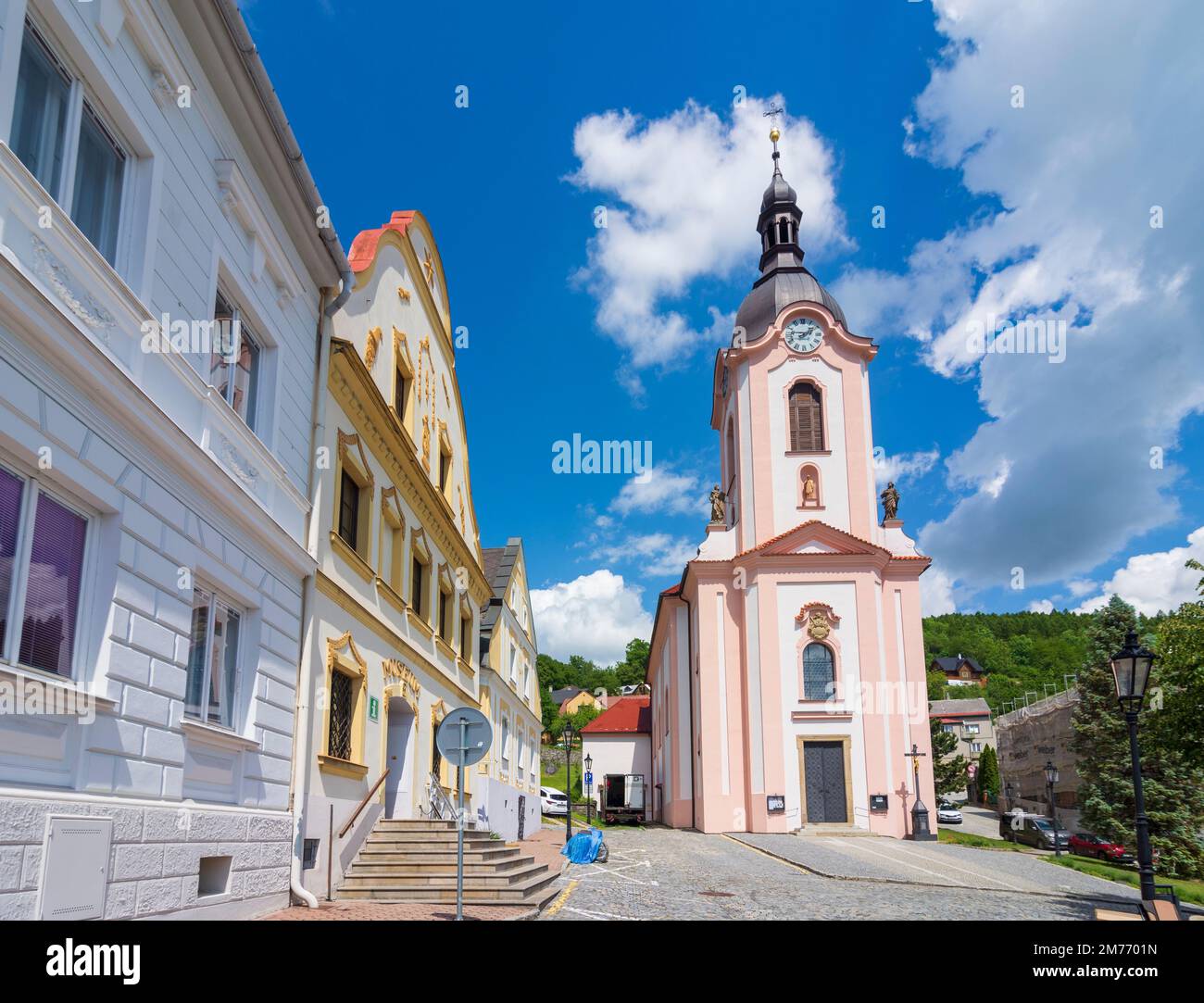 Stramberk (Stramberg): Town Square, Museum about the illustrator Zdenek Burian, church in , Moravskoslezsky, Moravian-Silesian Region, Mährisch-Schles Stock Photo