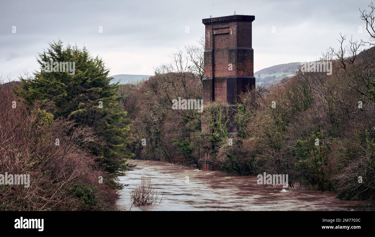 The Taff Bank pier, remnant of the Walnut Tree Viaduct that used to span the River Taff. Stock Photo