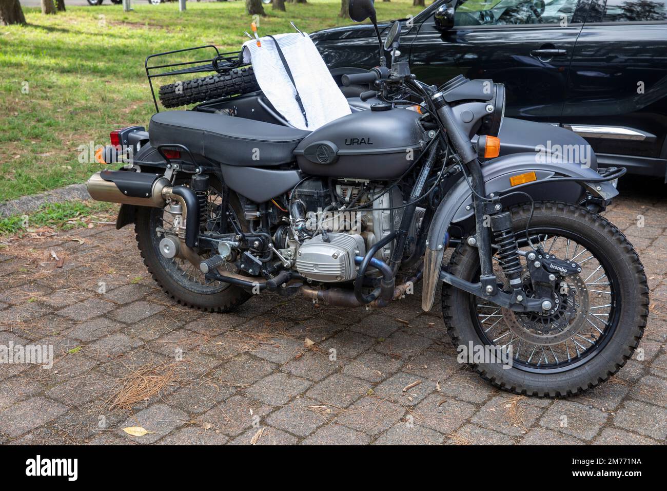 Ural motorbike motorcycle with a sidecar attached parked in Bayview,Sydney,NSW,Australia Stock Photo