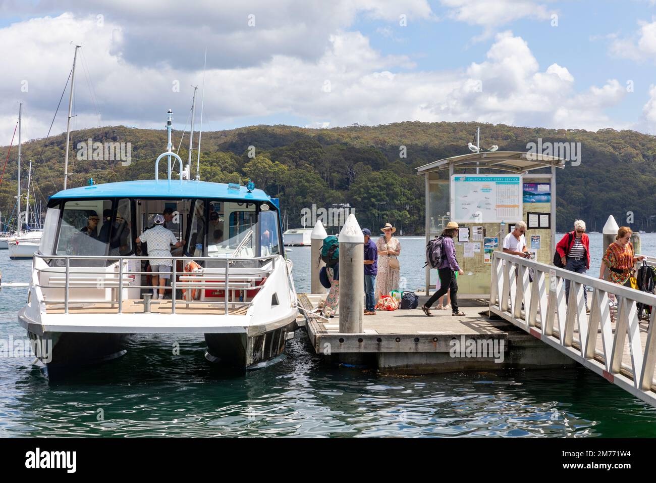 Church Point Commuter wharf precinct, church point ferry being tied to