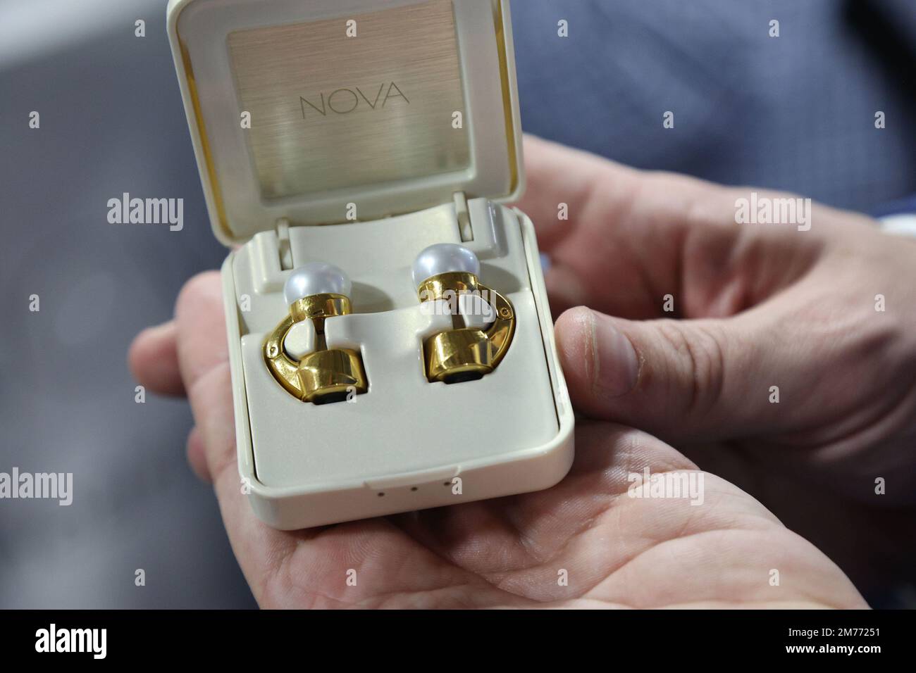Las Vegas, United States. 07th Jan, 2023. The NOVA H1 wireless earphones embedded in pearl
