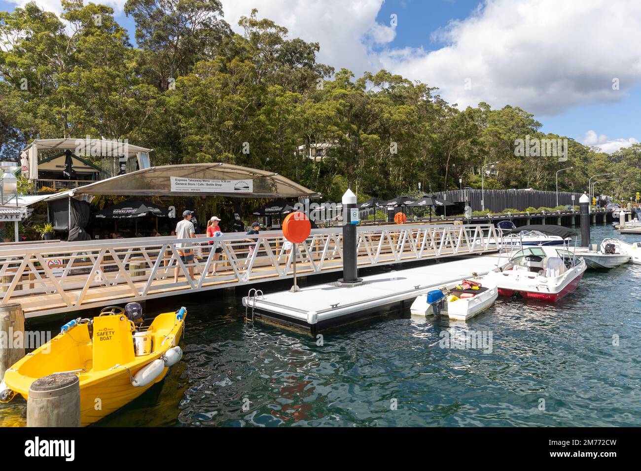 Church Point Sydney commuter wharf and precinct with waterfront store,cafe and restaurant beside the wharf,Sydney,NSW,Australia summer 2023 Stock Photo