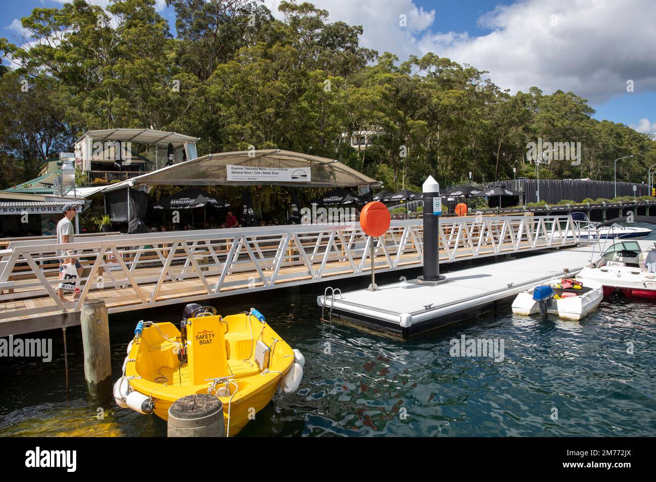 Church Point Sydney commuter wharf and precinct with waterfront store,cafe and restaurant beside the wharf,Sydney,NSW,Australia summer 2023 Stock Photo