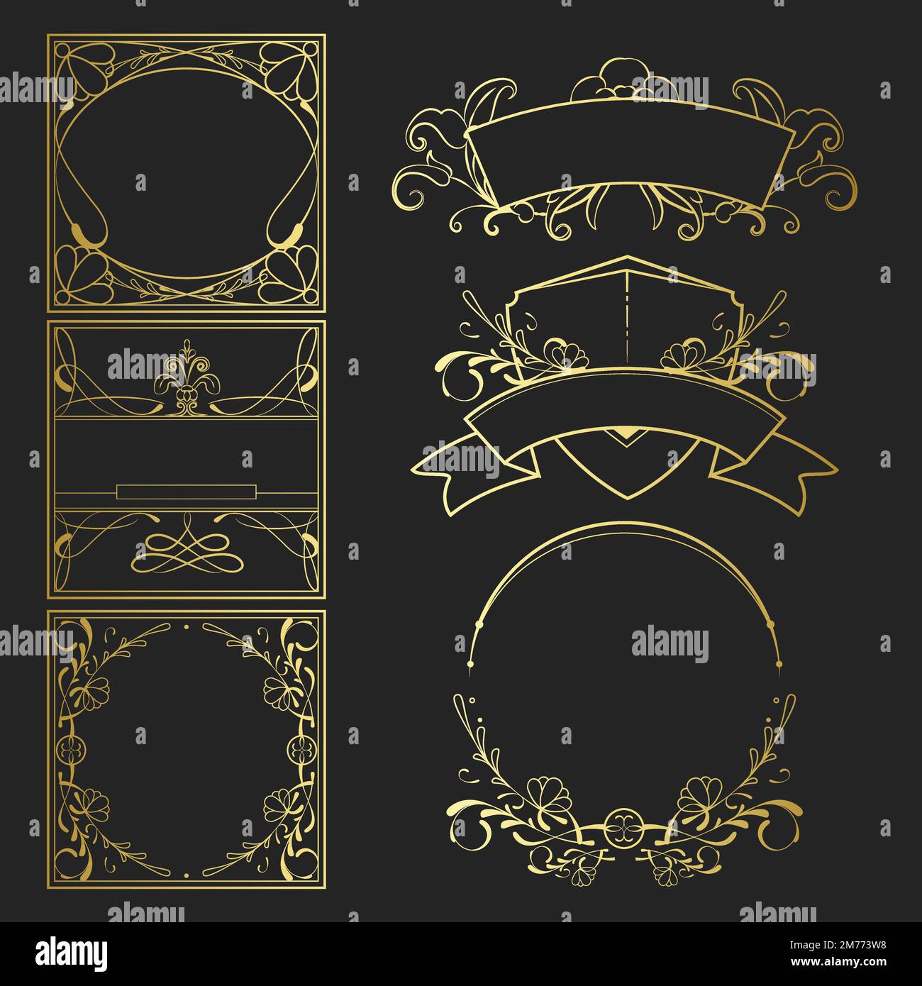 Set of vintage golden art nouveau elements vector Stock Vector Image
