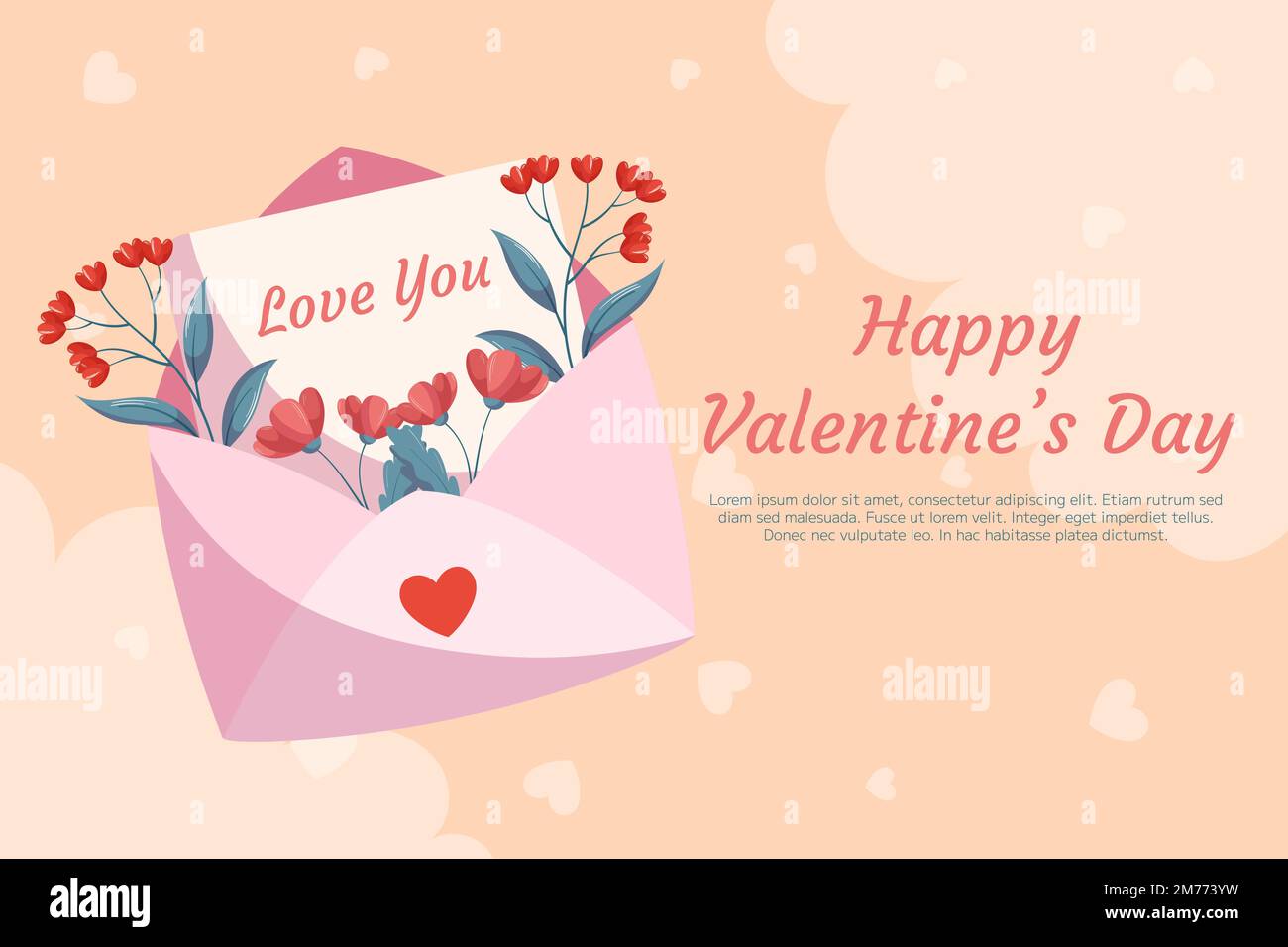St. Valentines Day background design with pink open envelop, letter ...