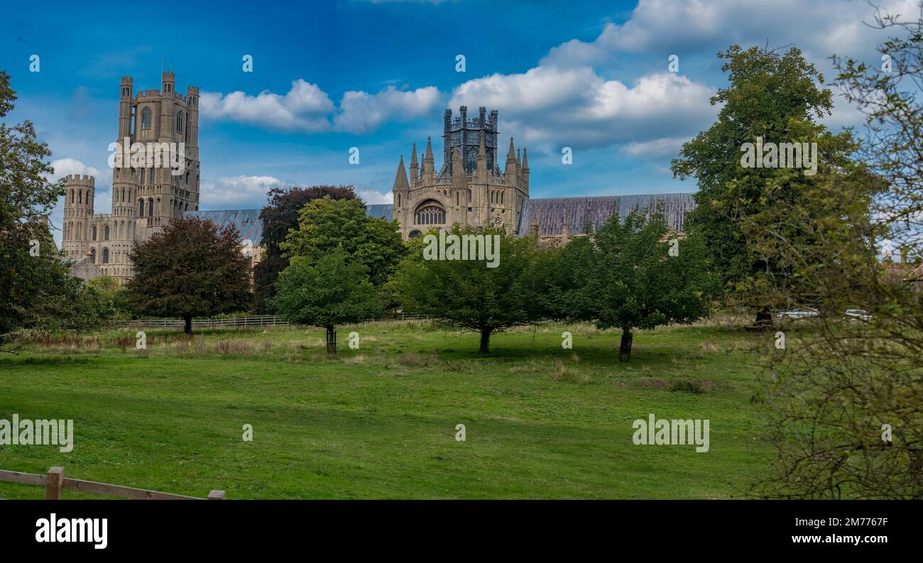 A beautiful scene of the Ely Cathedral with gothic style surrounded by ...