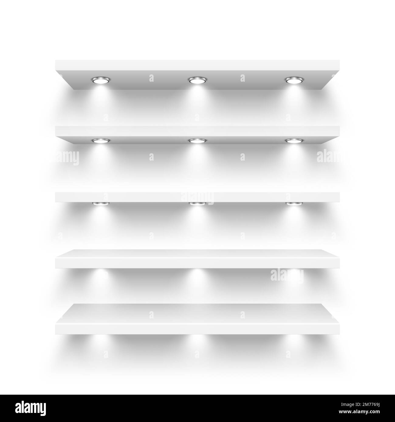 Realistic white store shelves with lighting, spotlights. Empty product