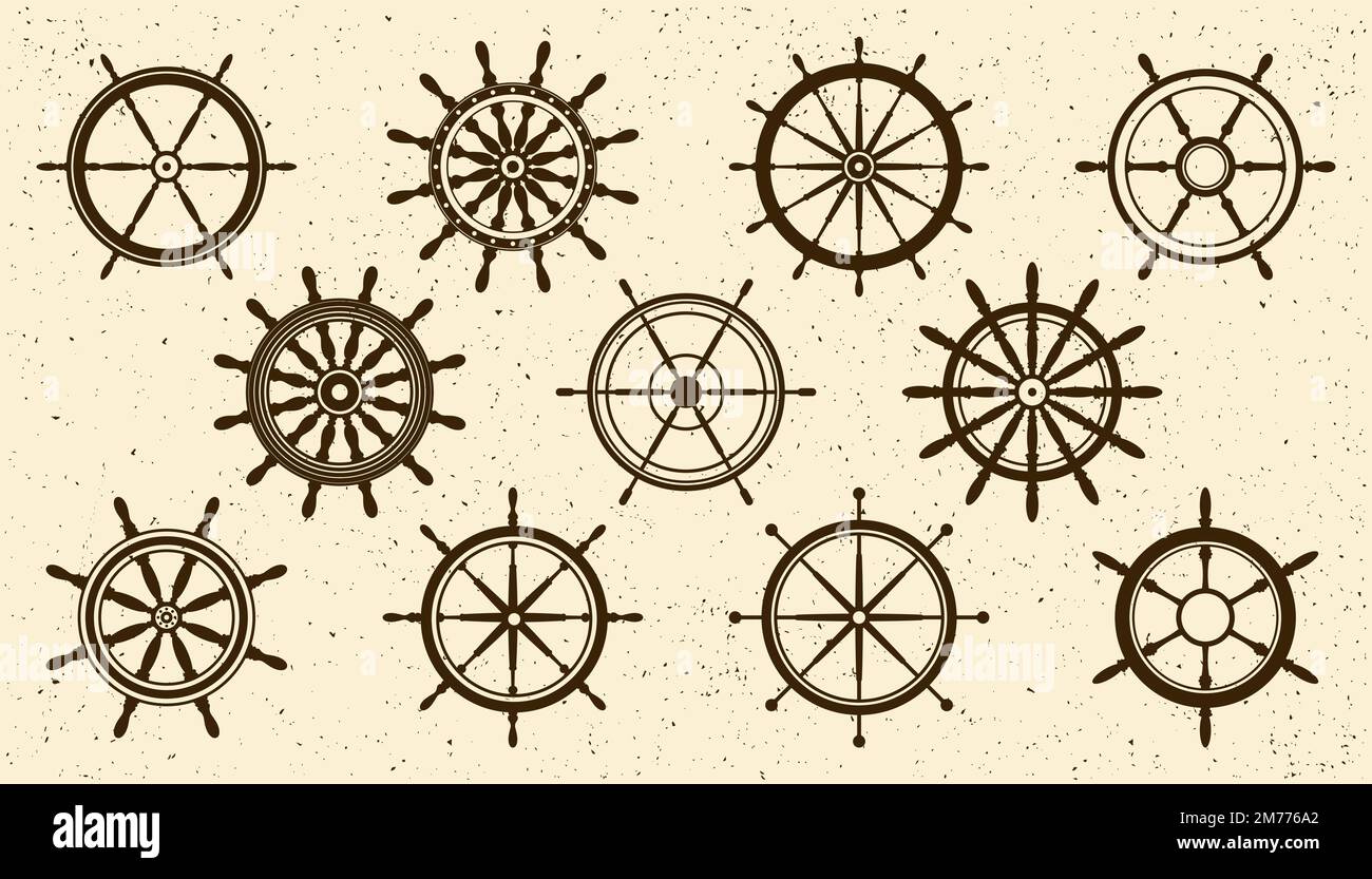 Collection of grunge vintage steering wheels. Ship, yacht retro wheel ...