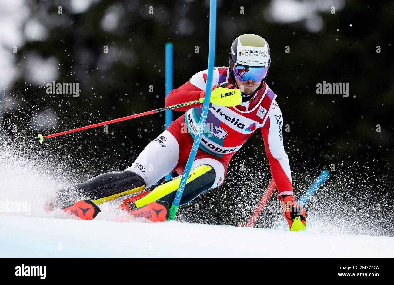 Alpine Skiing - FIS Alpine Ski World Cup - Men's Slalom - Adelboden, Switzerland - January 8, 2023 Austria's Manuel Feller in action REUTERS/Stefan Wermuth Stock Photo