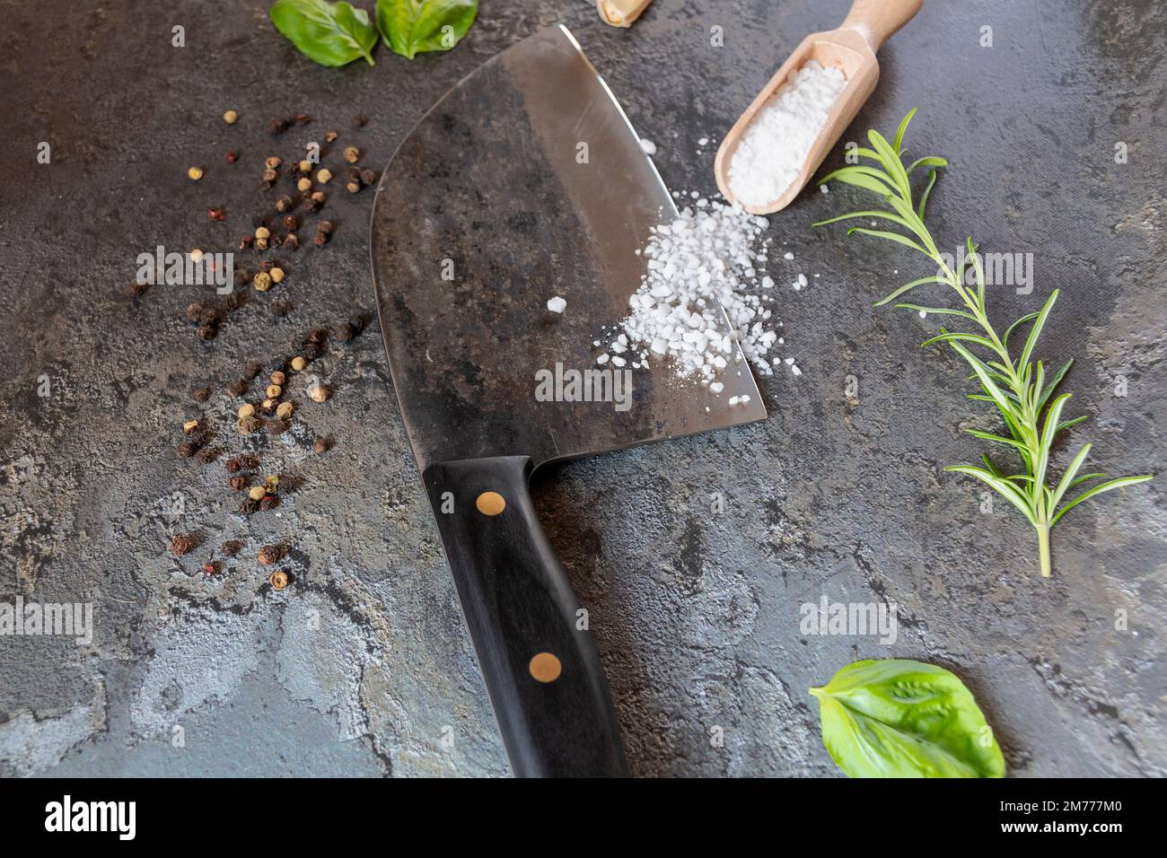 Knife, spices on a table Stock Photo