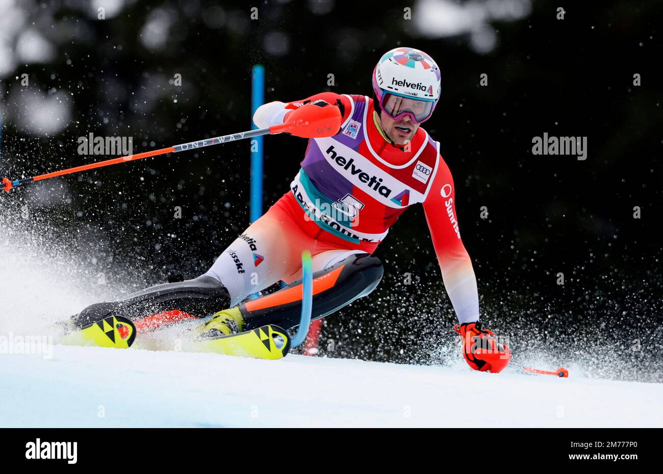 Alpine Skiing - FIS Alpine Ski World Cup - Men's Slalom - Adelboden, Switzerland - January 8, 2023 Switzerland's Daniel Yule in action REUTERS/Stefan Wermuth Stock Photo