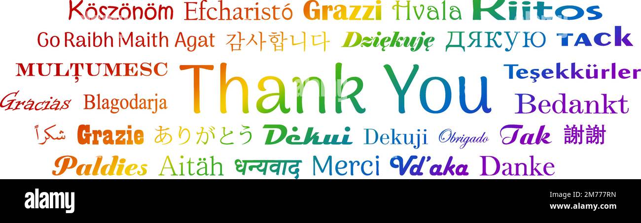 Thank you in Worldwide languages. Vector lettering. Six Rainbow colors. White back. All Text in different languages are Thank you in English. Stock Vector