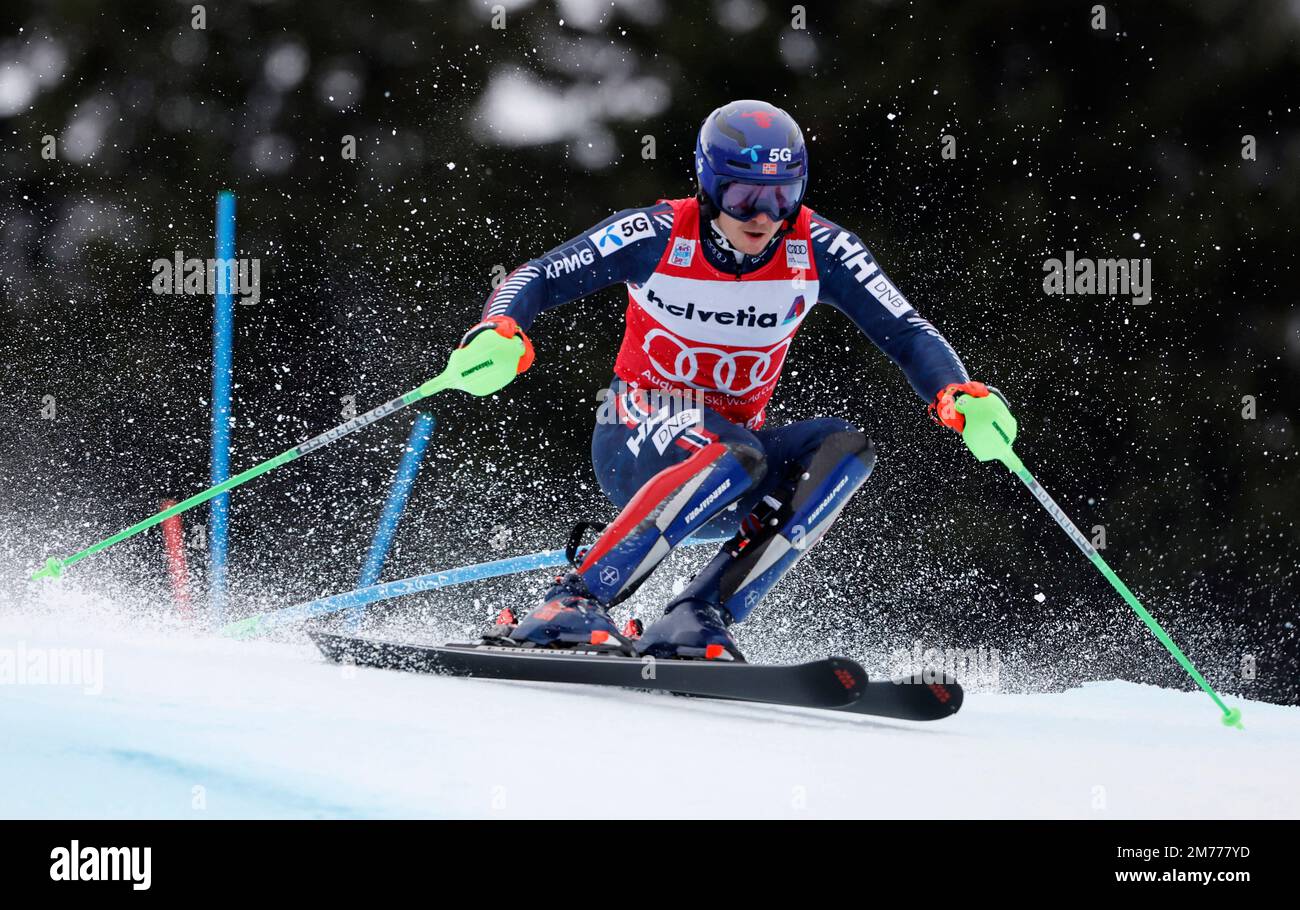 Alpine Skiing - FIS Alpine Ski World Cup - Men's Slalom - Adelboden, Switzerland - January 8, 2023 Norway's Henrik Kristoffersen in action REUTERS/Stefan Wermuth Stock Photo