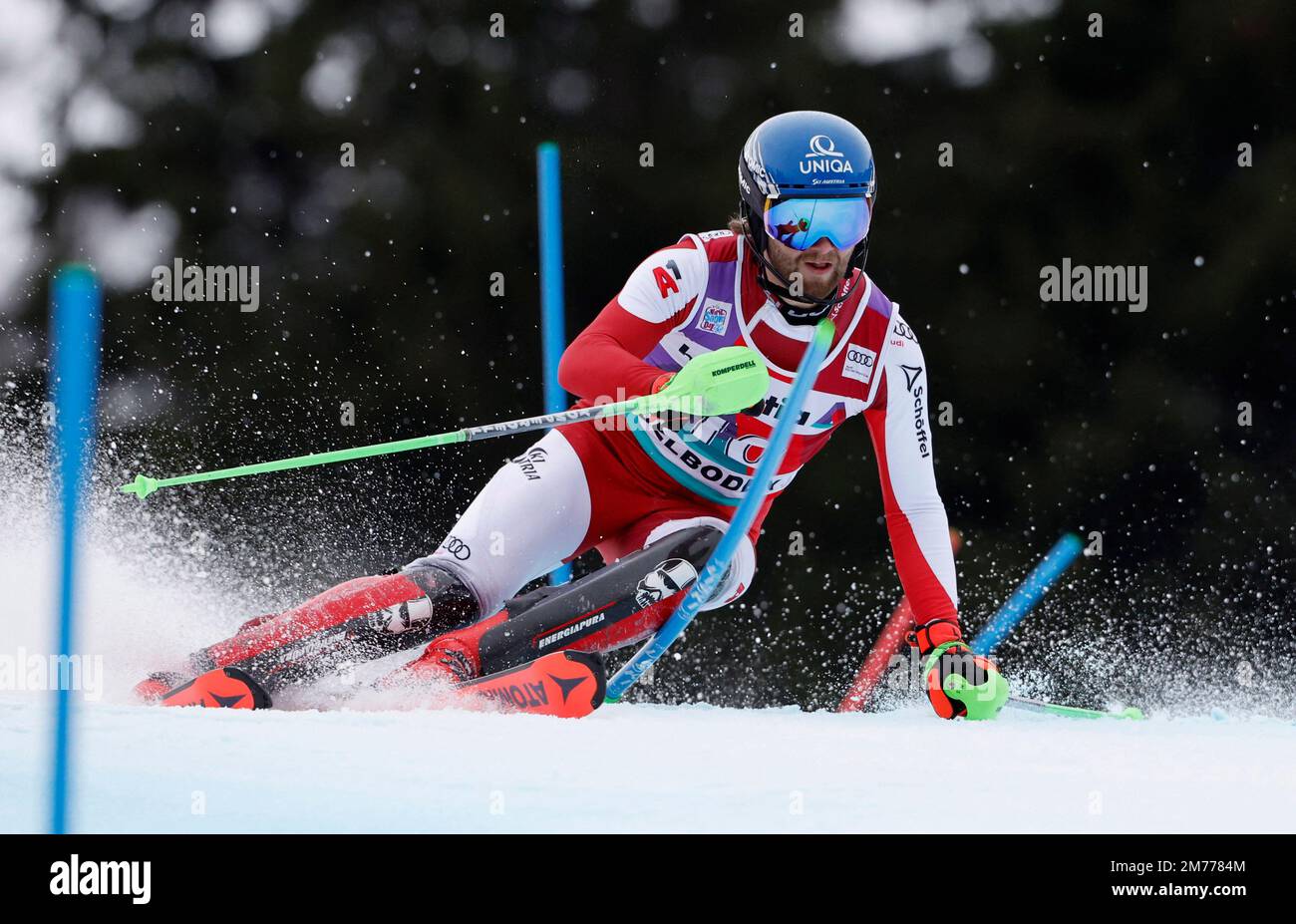 Alpine Skiing - FIS Alpine Ski World Cup - Men's Slalom - Adelboden, Switzerland - January 8, 2023 Austria's Marco Schwarz in action REUTERS/Stefan Wermuth Stock Photo